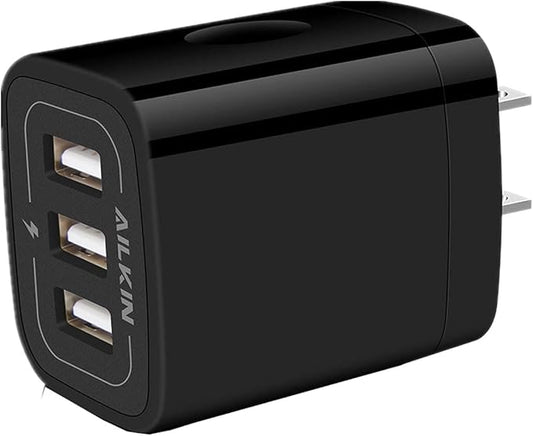 Wall Charger Plug, USB Charger Cube, AILKIN 3.1A 3-Muti Port USB Adapter | Power Plug Charging Station Box Black Base for iPhone 17 16 15 14 13 12 11 Pro Max/SE, Samsung Galaxy Phones Charge Block