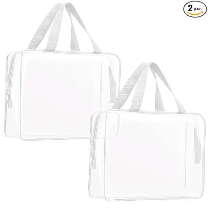 2Pcs Crystal Clear PVC Travel Toiletry Bag Kit for Women Men, Waterproof Vinyl Packing Organizer Storage Bags with Zipper Handle Straps, Cosmetic Pouch Carry on Airport Airline Compliant Bag Handbag