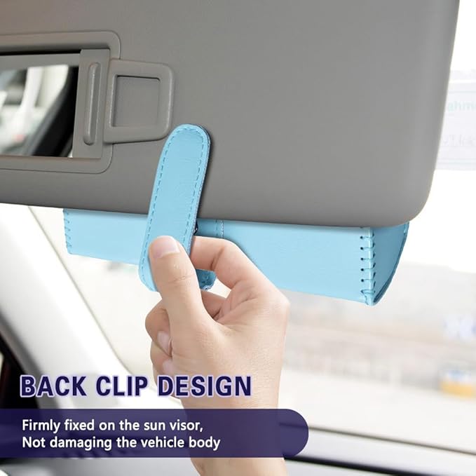 Sunglasses Holder for Car Sun Visor, Sunglass Organizer for Car, Magnetic Leather Eyeglasses Protective Storage Case, Waterproof Glasses Organizer Visor Accessories for Vehicles (Blue)