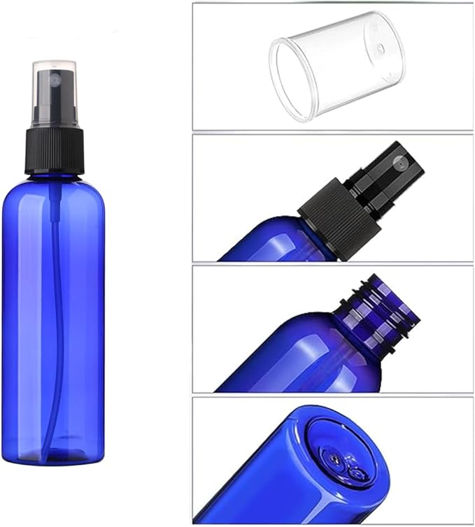 SINIDE Empty Spray Bottles 100 ml/3.4 oz, Blue Plastic Fine Mist Mini Travel Bottle Set, Portable Refillable Makeup Sprayer Containers for Perfume, Liquids, Aromatherapy, Cleaning Solution (4 Pack)