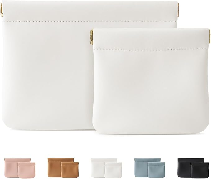 2 Pack Small Makeup Bag for Women, New Organosilicon Super Fiber PU Leather Mini Cosmetic Bag for Travel, Coin Purse Organizer Storage Pouch (Cream)