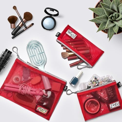 Set & Done Onama Flexi Mesh Zipper Pouch – Durable Clear Nylon Storage Bag with Name Tab for Makeup, Travel, Diaper Bag & Office Organizing