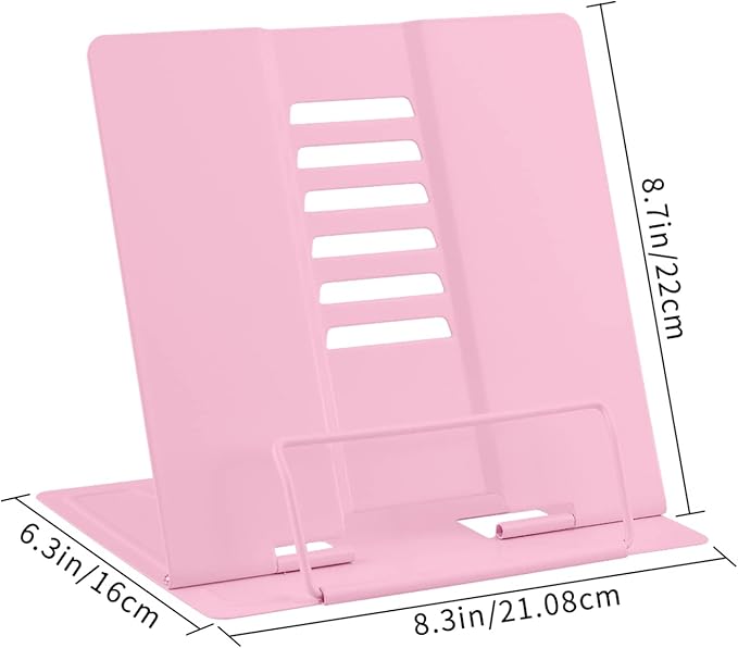 Honagu Book Stand Metal Desk Book Holder, Book Holders for Reading Hands Free, Adjustable Cookbook Documents Holder, Portable Bookstand for Music Books, Textbook, Recipe, Tablet, Ipad (Light Pink)