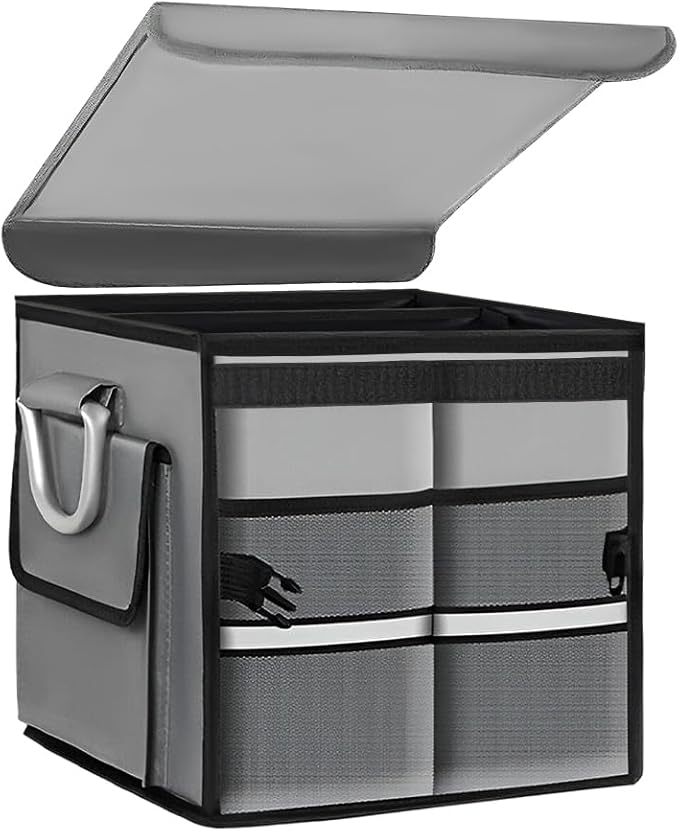 Car Trunk Organizer With Lid, 28L Collapsible Waterproof Oxford Fabric Trunk Organizer with Aluminum Handle, Portable 2-Compartment Cargo Storage Box for SUV, Truck, Sedan (Gray)