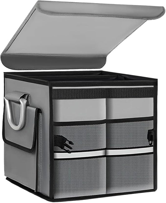 Car Trunk Organizer With Lid, 28L Collapsible Waterproof Oxford Fabric Trunk Organizer with Aluminum Handle, Portable 2-Compartment Cargo Storage Box for SUV, Truck, Sedan (Gray)