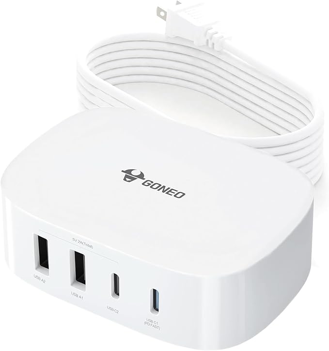 USB Charging Hub, 4 in 1 Charger for Multiple Devices with 2 USB-C and 2 USB-A, Wall Charger Power Strip Adapter Plug for iPad iPhone Pixel Note Galaxy, 5FT Cord, Ideal for Travel Office Desktop