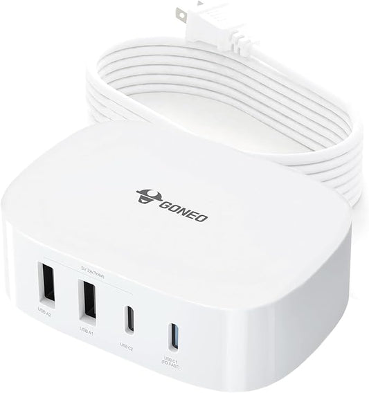USB Charging Hub, 4 in 1 Charger for Multiple Devices with 2 USB-C and 2 USB-A, Wall Charger Power Strip Adapter Plug for iPad iPhone Pixel Note Galaxy, 5FT Cord, Ideal for Travel Office Desktop