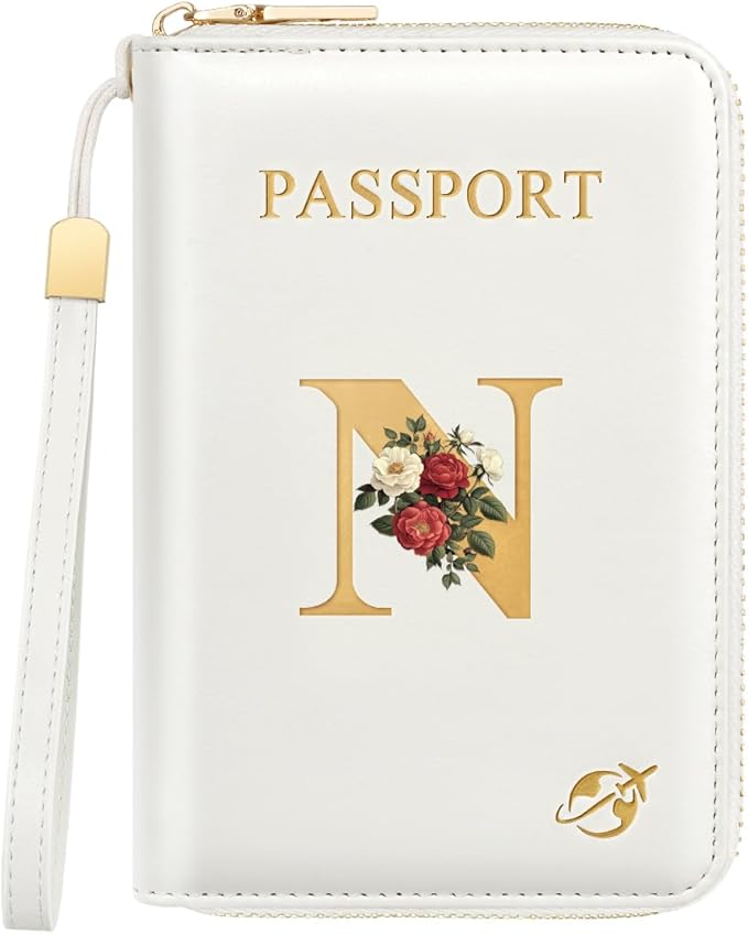 Passport Holder for Travel Personalized Passport Holder Initial Letter Rose Flower RFID Blocking Travel Wallets Credit Cards Holder for Women Men, White N