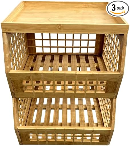 Bamboo Storage Bin - Large Multipurpose, Stackable Open Front Storage Bins for Kitchen & Pantry - Stylish Lattice Design - Set of 3