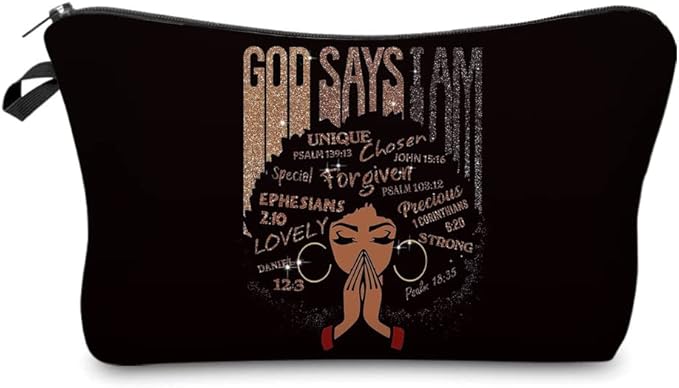 African American Makeup Bag for Purse God Says You are Unique Special Lovely Chosen Forgiven Afro Black Cosmetic Bags Inspirational Gift