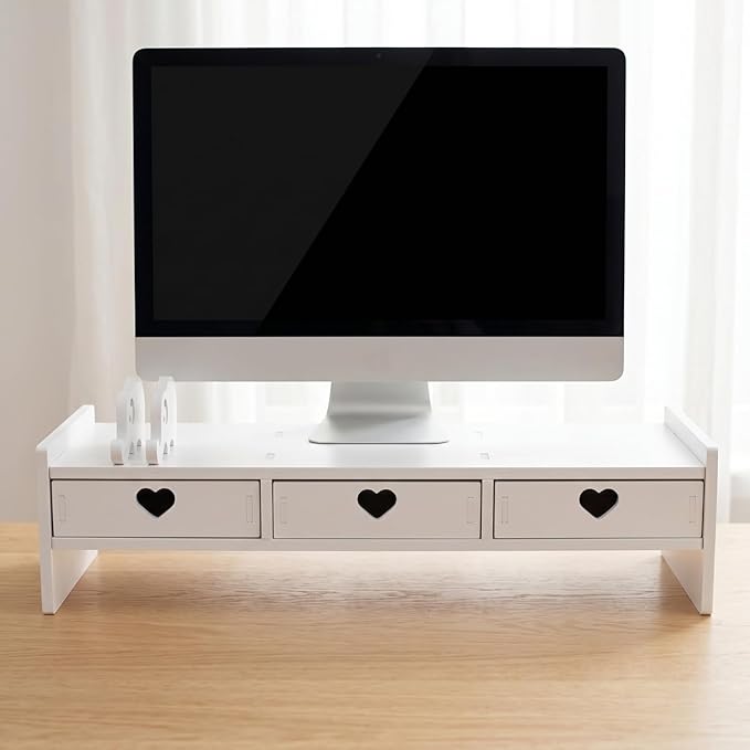 Computer Monitor Stand Riser with 3 Drawers - No Assembly White Desk Organizer & Laptop Shelf - Waterproof Desktop Storage for Home Office, School Dorm & Vanity - 3-Tier Space-Saving Design