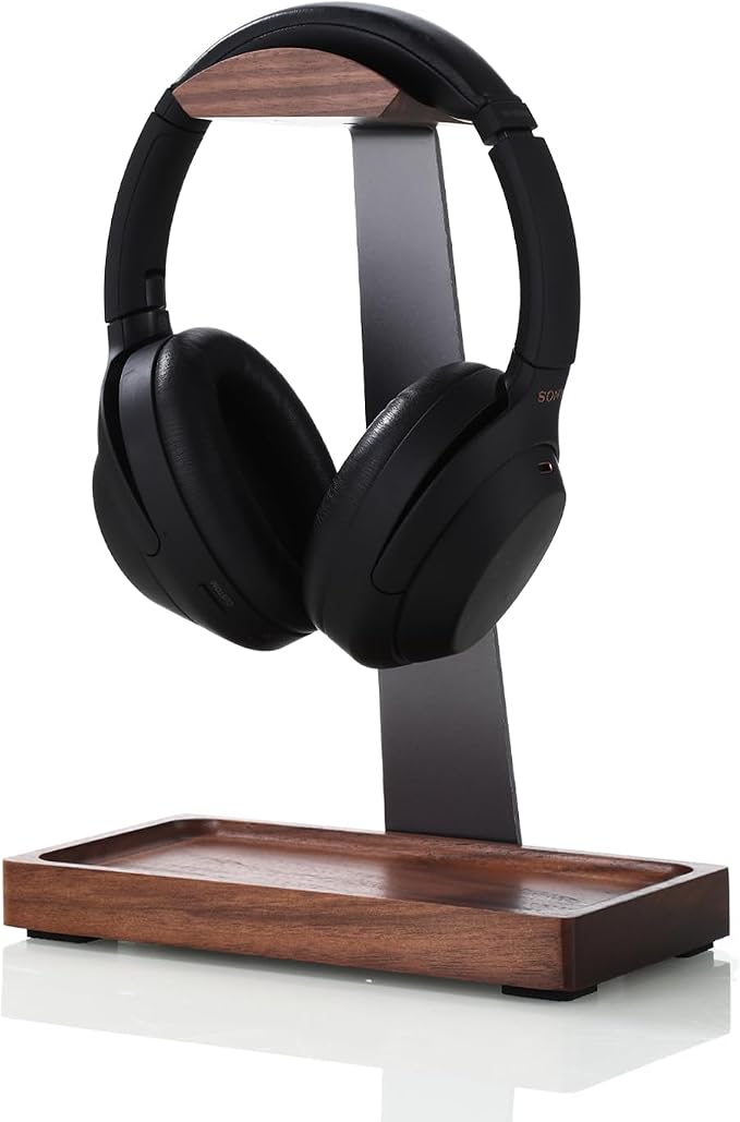 Walnut Headphone Stand, Wooden Headset Stand for Desk, Wood Gaming Headphone Holder with Storage Base for Airpod max, Bose, Razer, Sennheiser, Jabra, JBL, AKG, Vintage Gift for Men, Grey
