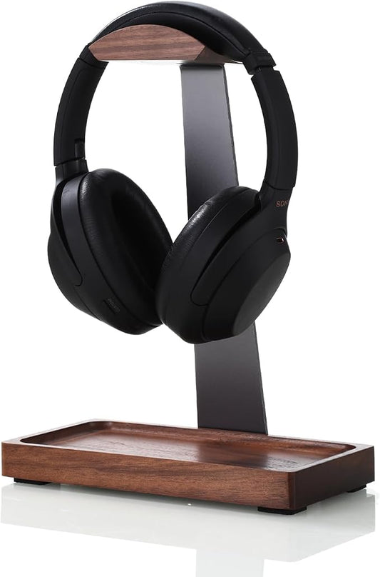 Walnut Headphone Stand, Wooden Headset Stand for Desk, Wood Gaming Headphone Holder with Storage Base for Airpod max, Bose, Razer, Sennheiser, Jabra, JBL, AKG, Vintage Gift for Men, Grey