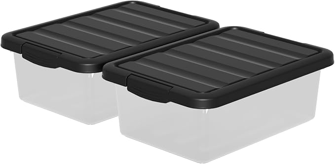 14 Quart Plastic Stackable Storage Bin, Basic Clear Storage Box with Black Lid (Pack of 2)