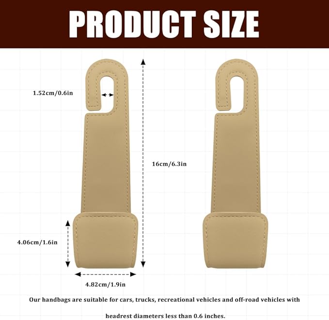 2PCS Car Seat Headrest Hooks, Purse Hook for Car, Automotive Headrest Handbags Holder, Auto Accessories Leather Seatback Organizer Hanger for Hanging Purses Bags Coats (Beige, 2PCS)