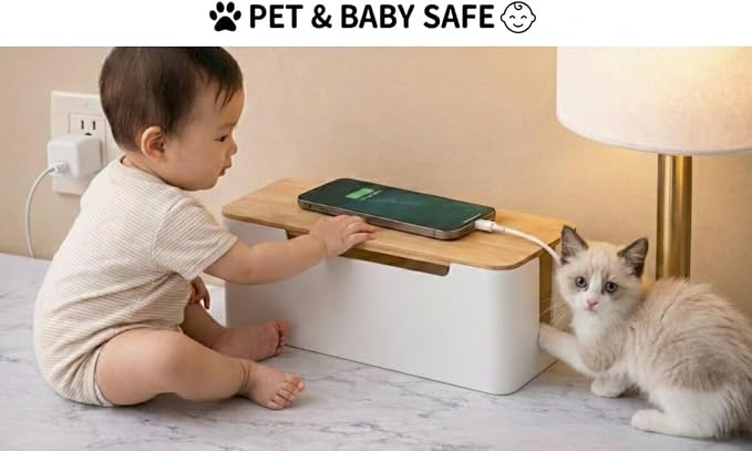 Cable Management Box Wooden Style Cord Organizer and Cover for TV Wires, Computer, Router, USB Hub and Under Desk Power Strip Safe ABS Material and Baby-Pets Proof Lock (White, 12x5.5x5 Inch)