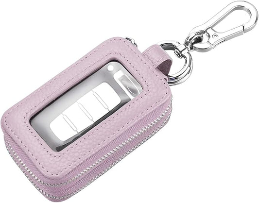 BELOMI Car Key Fob Case, Genuine Leather Remote Keychain Bag with Lanyard and Zipper Closure, Key Protection Cover for Men Women (Purple)