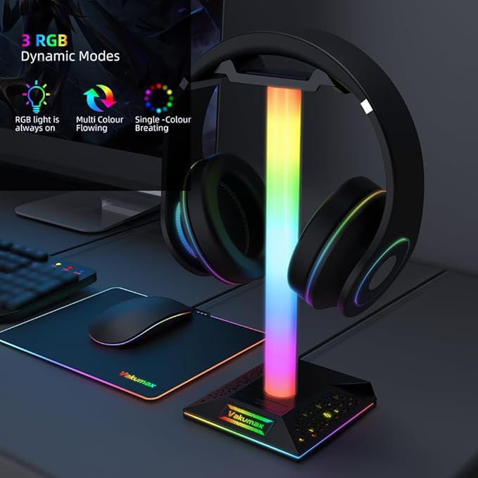 Gaming Headset Stand with Charging Hub for Desk - 3 Ports (USB/Tpye-C Charging Port), RGB PC Gamer Headphone Holder with 10 Color Lighting Modes, Touch Control, Desk Headsets Organizer