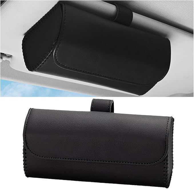 smilfuy Magnetic Leather Sunglasses Case for Car Visor Clip - Sunglasses Holder Clip for Car Sun Visor - Eyeglass Hanger Mounter Storage Box Auto Glasses Clip Holder Organizer Protective Box (Black)