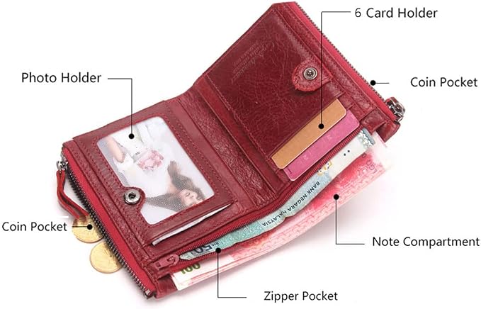 CONTACTS Soft Leather Wallet for Women Small Bifold Coin Purse Double Zipper Card Holder with RFID Blocking (Red)