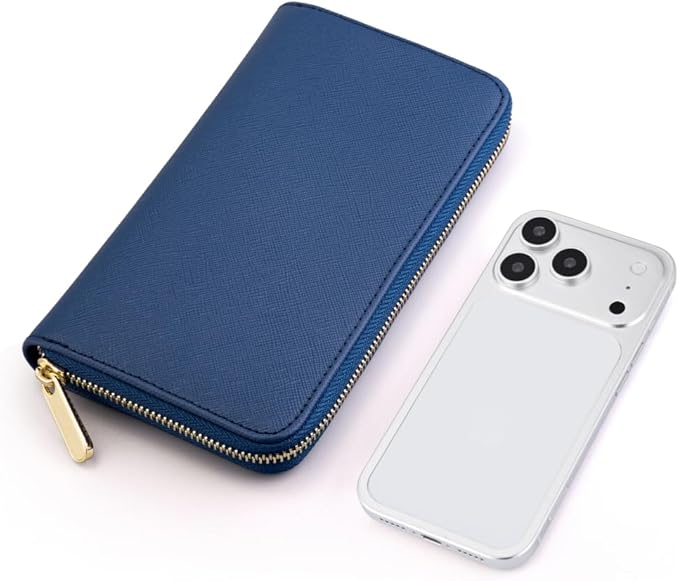 Luxury Real Leather Zip Around Travel Wallet | Large Capicity Card Holder Organizer | Classic Phone Clutch for Men Women (Navy - Saffiano Leather)