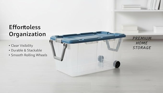 160 Quart Extra Large Clear Rolling Storage Bins 2-Pack, Blue Heavy-Duty Plastic with Locking Leakproof Lid, for Garage Basement Seasonal Storage & Transport