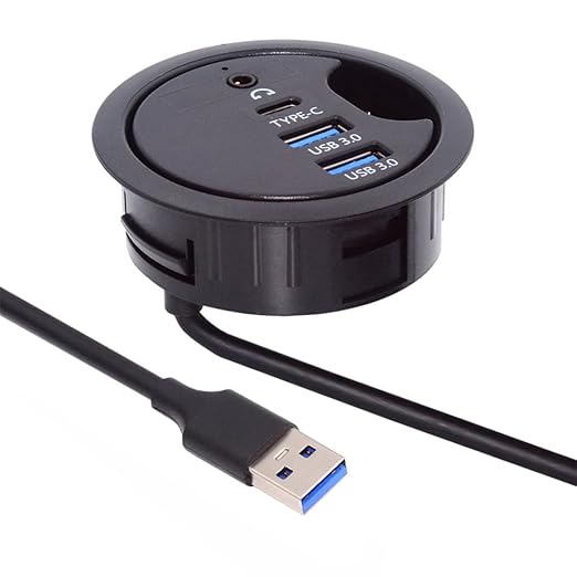 Cablecc 2 Port USB 3.0 Hub Sound Card USB-C USB Splitter 60mm Desk Grommet Dock Station Headphone Mic Audio Interface for Desktop PC Desk(USB 3.0+3.5mm+Type-C)