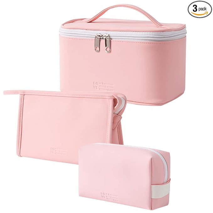 3 Pack Makeup Bag Sets Travel Large Toiletry Bag Portable Cosmetic Zipper Pouch with Brush Organizer Waterproof Small Storage Case for Women and Girls,Light Pink