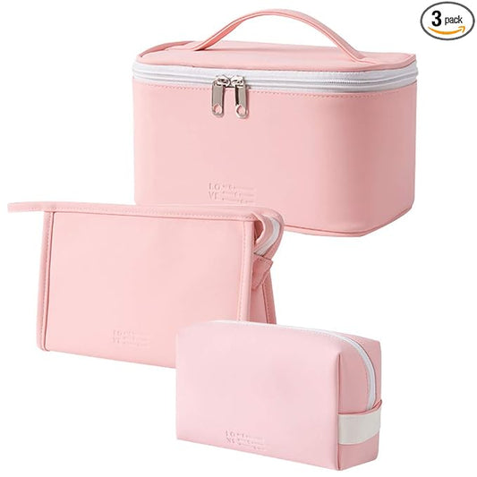 3 Pack Makeup Bag Sets Travel Large Toiletry Bag Portable Cosmetic Zipper Pouch with Brush Organizer Waterproof Small Storage Case for Women and Girls,Light Pink