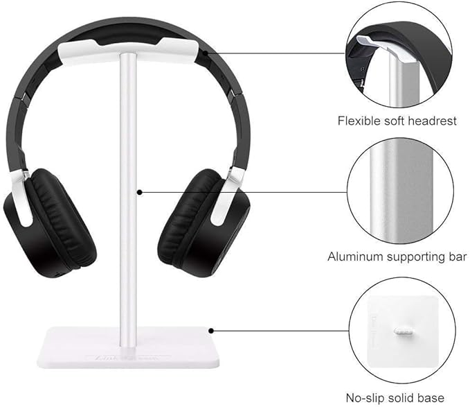 Headphone Stand Headset Holder Gaming Headset Holder with Aluminum Supporting Bar Flexible Headrest Anti-Slip Earphone Stand for All Headphones, White