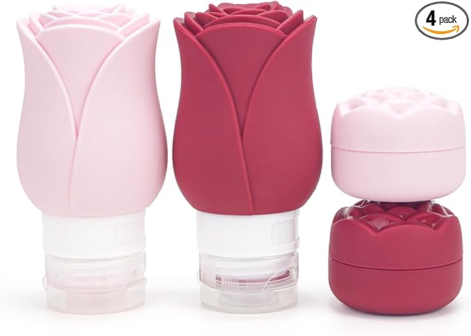 Travel Containers Bottle for Toiletry 4 Pack 3oz Leakproof TSA Approved & Refillable Mini Cream Jars, Silicone Squeeze Tube Rose Bottles for Shampoo Lotion Body Wash BPA Free +Bag, Red Pink Rose