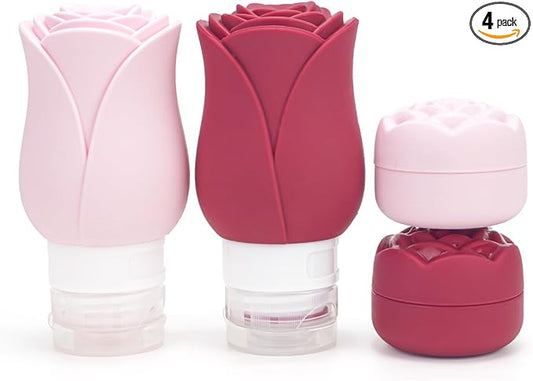 Travel Containers Bottle for Toiletry 4 Pack 3oz Leakproof TSA Approved & Refillable Mini Cream Jars, Silicone Squeeze Tube Rose Bottles for Shampoo Lotion Body Wash BPA Free +Bag, Red Pink Rose