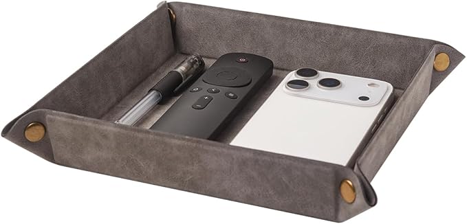 Valet Tray Desktop Storage Organizer – Premium PU Leather Catchall Bedside Vanity Tray Nightstand Caddy Holder for Remote Controller, Keys, Phone, Wallet, Coin, Jewelry,Grey