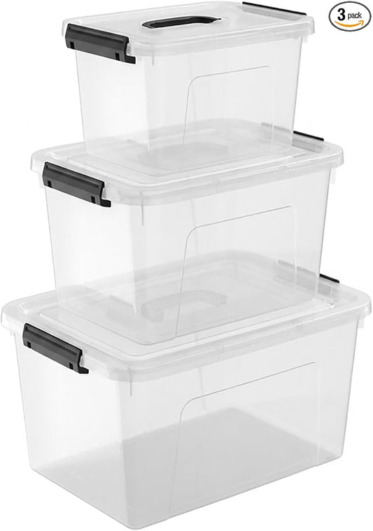 Clear Storage Latch Box/Bin, 3-Pack Plastic Organizing Container with Handle and Lids (7QT/16QT/22QT)
