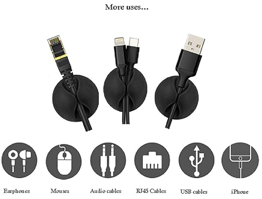 Cable Wire Cord Clips Organizer Holder Self-Adhesive Cord Management System for Charging USB Network Headphone Cables for Car Desk Office Home (Pack of 6 Black Silicone)