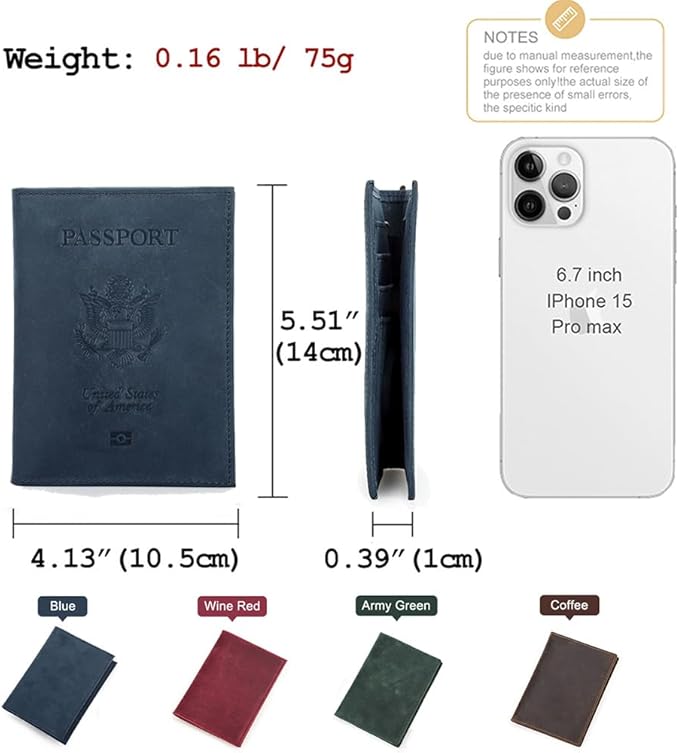 CONTACTS Full Grain Leather Passport Holder RFID Blocking Travel Passport Wallet Compatible with Airtag Passport Cover Case with 4 Card Slots, Coin Pocket (US Passport Stamp, Blue)
