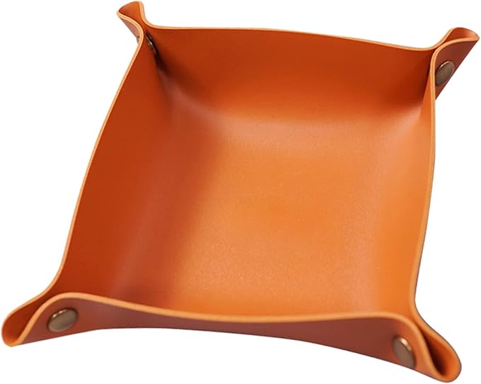 Foldable Leather Catchall Tray, Jewelry Organizer for Travel, Nightstand, Home or Office (Orange-S)