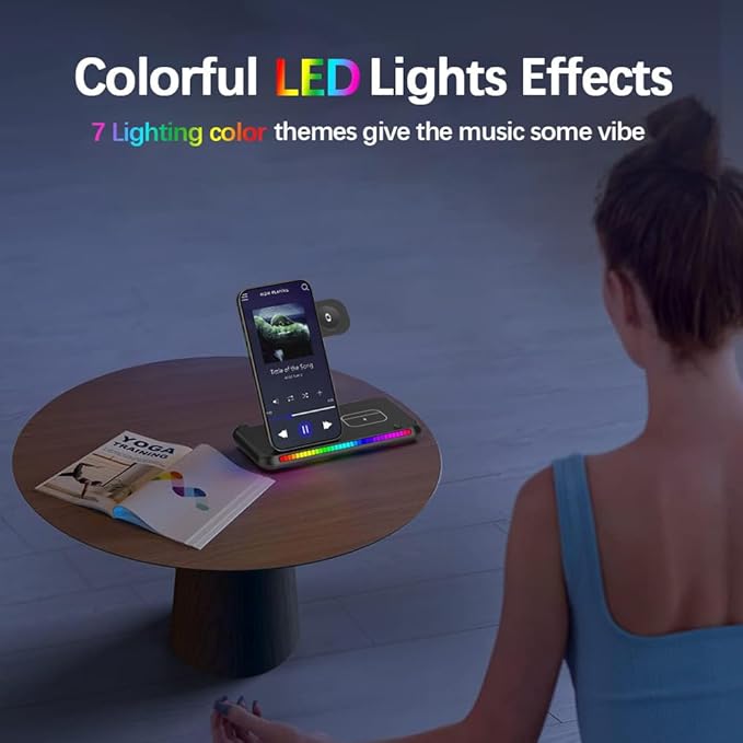 IHAO 3in1 Multifunctional Foldable Wireless Charging Station with LED Ambient Night Light Fast QC3.0 Charger for Phone, iWatch, Headphone Space-Saving Auto-Shutoff & Overcharge Protection-Black
