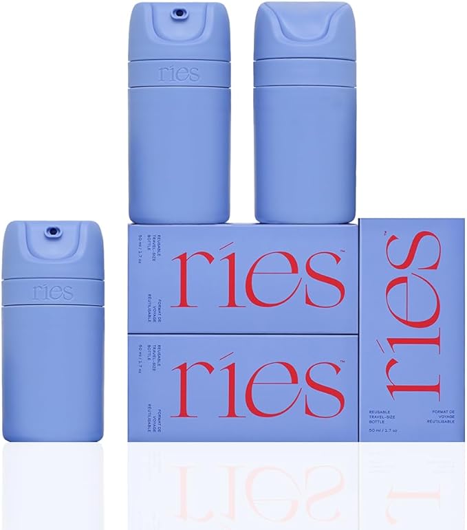 RIES Airless Pump Travel Bottles | Set of 3 Tsa Approved Leak Proof Containers | 1.7 oz BPA Free Refillable Travel Size Bottles | Runway Blue