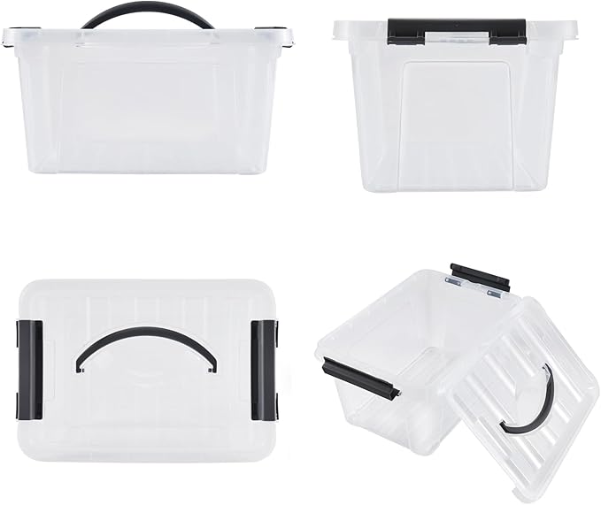 Eslite 6 Quart Plastic Stackable Storage Latch Bins,Clear Latching Box with Handle and Lid,Pack of 6 (Black Handle)