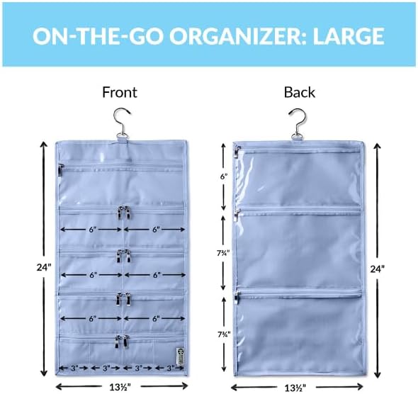 On-The-Go Organizer, 14 Clear Vinyl Pockets, Hanging Travel Case for Makeup and Accessories, 13.5 x 24 inches (Seafoam, Large)