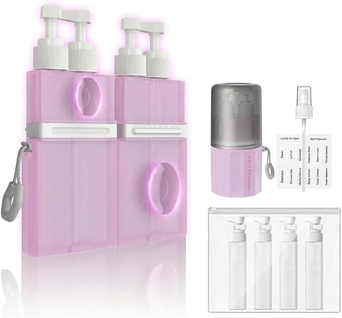 4-in-1 Travel Dispenser Bottles, Suction Cup and Adjustable Height Design, Travel Toiletry Containers with Labels and Storage Bag, Leak-Proof Compact Travel Set for Shampoo, Conditioner, Body Wash.