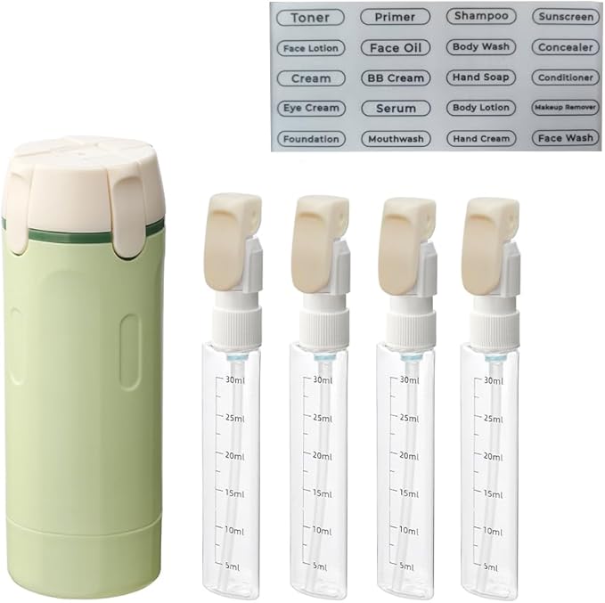 4 in 1 Travel Dispenser Bottle, Leak Proof Refillable Travel Toiletry Containers for Shampoo Lotion Liquid, TSA Approved Travel Bottles Set for Business Trip Camping, 4 x 30ml, Green