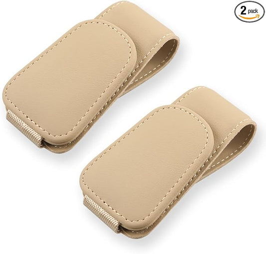 2Pcs Sunglass Holder for Car, Magnetic Leather Eyeglass Hanger Clip for Car Sun Visor, Sunglasses Holder and Ticket Card Clip for Car Visor Accessories (Beige)