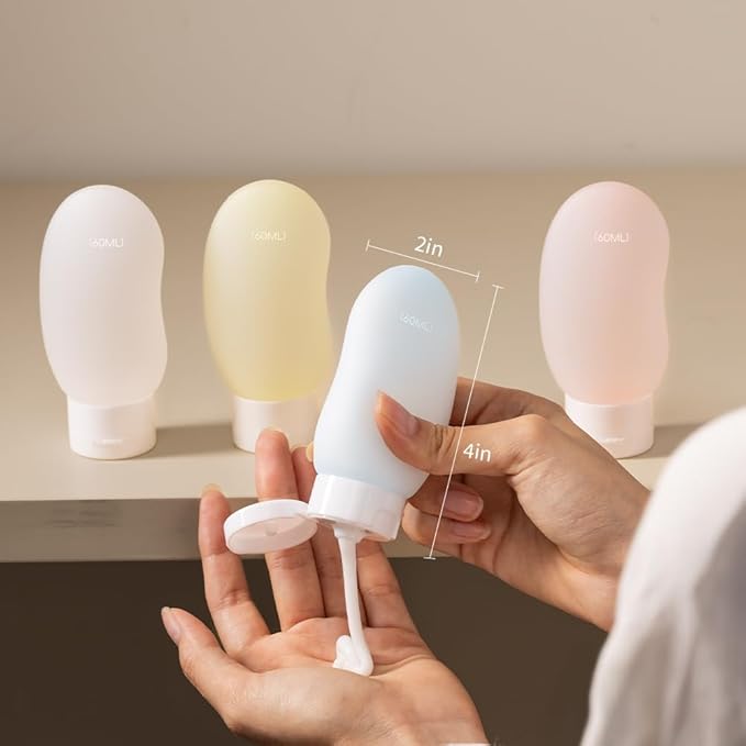 Travel Bottles 4 Pack – 2oz TSA Approved Travel Size Containers, Kidney-Shaped Ergonomic Design with Leak-Proof, Refillable Shampoo & Conditioner Bottles for Cruise & Airplane Travel