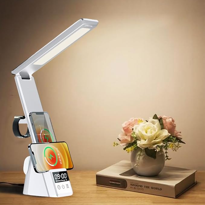 IHAO 6in1 Multifunctional Foldable LED Desk Lamp with Wireless Charger Digital Alarm Clock Eye-Care Lighting 3 Color Modes 15W Qi Charger for Phone/Headphones Compatible with iWatch Charger-N61 White
