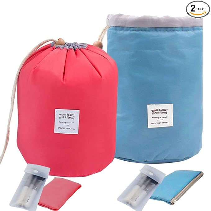 INVODA 2PCS Travel Cosmetic Bags Barrel Makeup Bag Portable Foldable Cases Multifunctional Toiletry Bucket Bags Round Bag Organizer (Blue+Red)