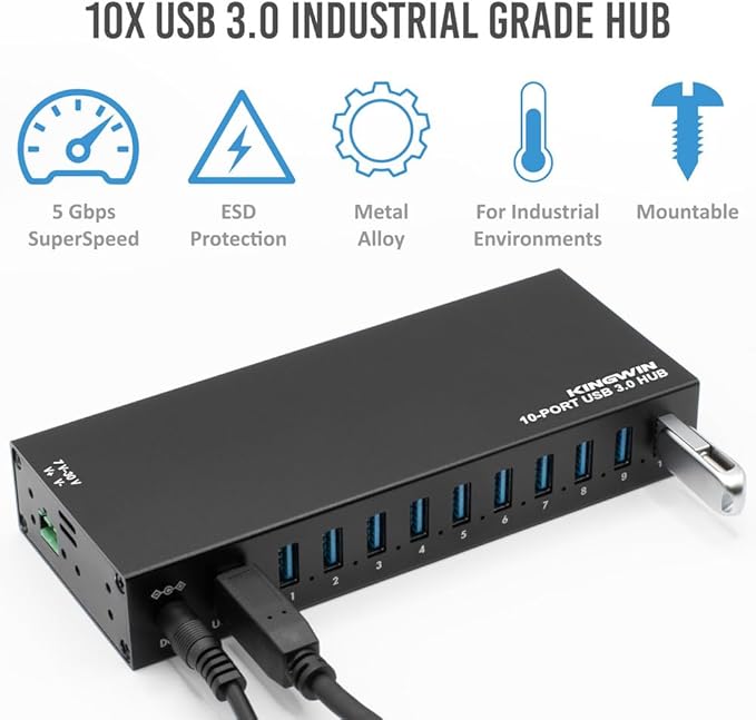 Kingwin Industrial USB 3.0 Hub 10-Port, Heavy-Duty Metal Mountable USB Hub with Power Adapter, 5Gbps SuperSpeed Powered USB Splitter for PC, Laptop, Mac, POS Systems & Factory Automation