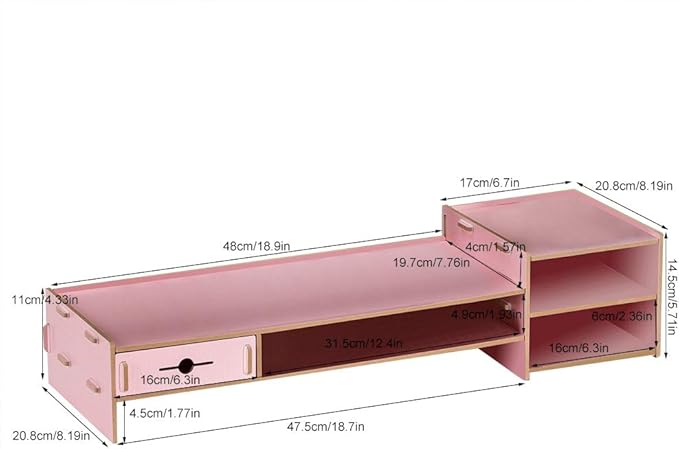Alvinlite Monitor Stand Riser with 2 Tier Shelf, Desktop Organizer Desk Monitor Stand with Drawer for Screen, Laptop, Printer, Bookshelf for Home & Office, 18.7 Inch Wood Shelf, Pink