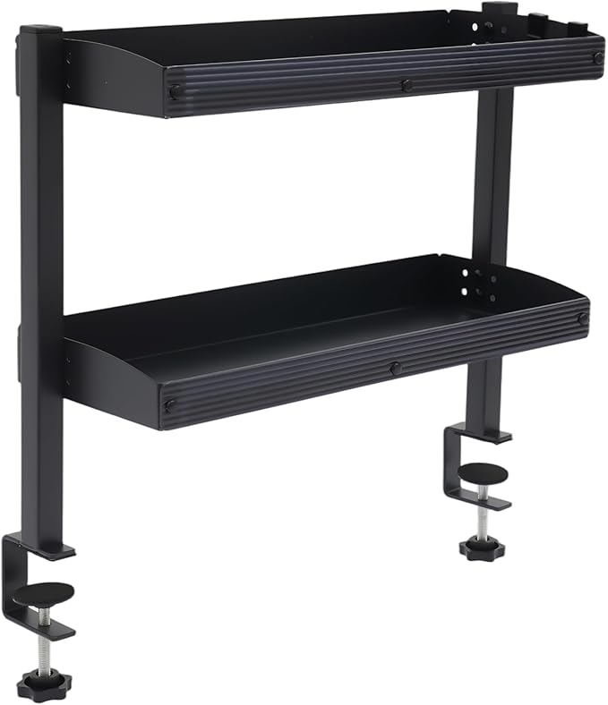 2-Tier Clamp-on Desk Shelving Unit, Adjustable Metal Storage Tray Desk Shelf, Space-Saving Desktop Organizer for Gaming Devices, Office Supplies and Dresser Top Storage, Ideal for Office, Study